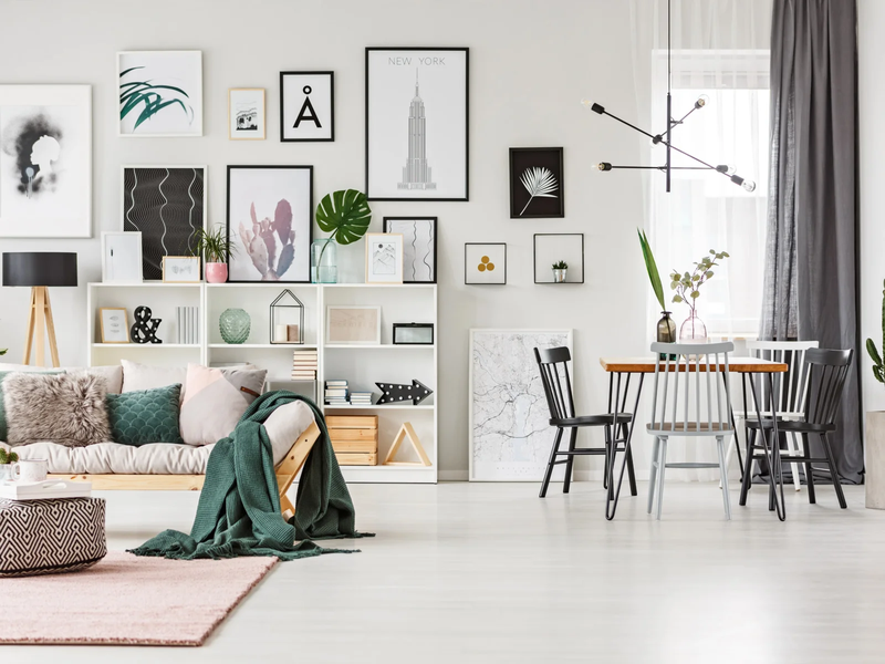 Bright open concept room with vibrant colors furnishing
