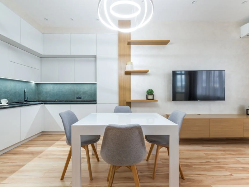 Laminate floors installed in an open concept room