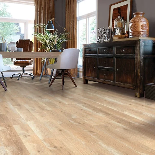 Laminate flooring installed in maximalist office