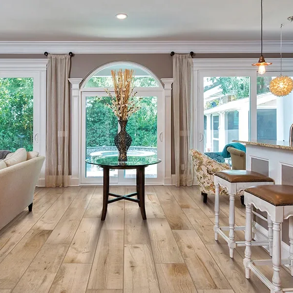 Wood-look tile installed in open concept traditional kitchen